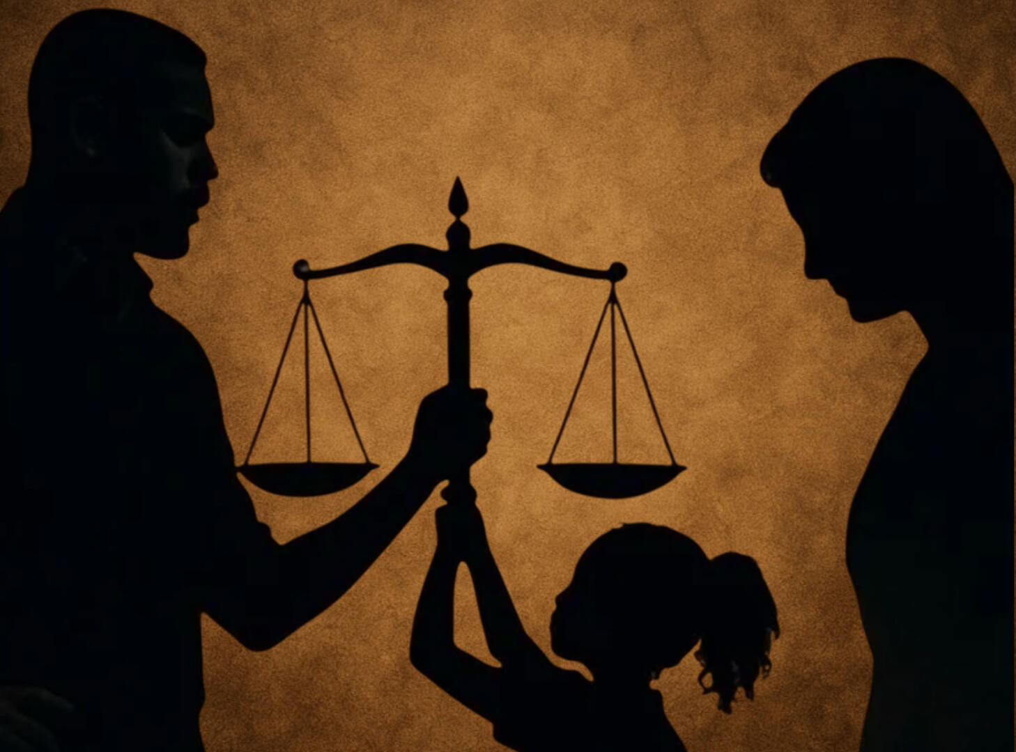 Silhouette of parents and child with balanced scales, representing the family court journey